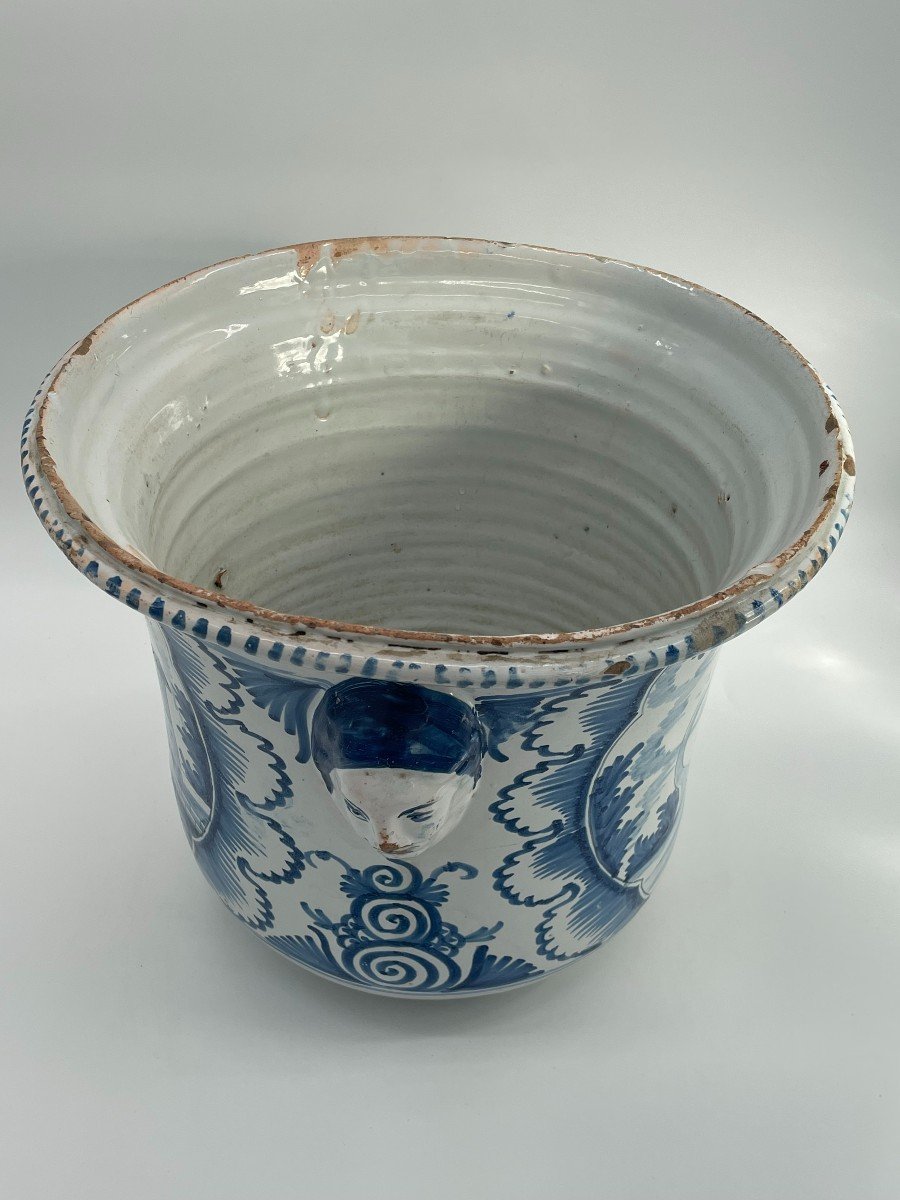 Large Orange Tree Pot In Blue And White Enameled Earthenware Decorated With 18th Century Houses And Landscapes-photo-2