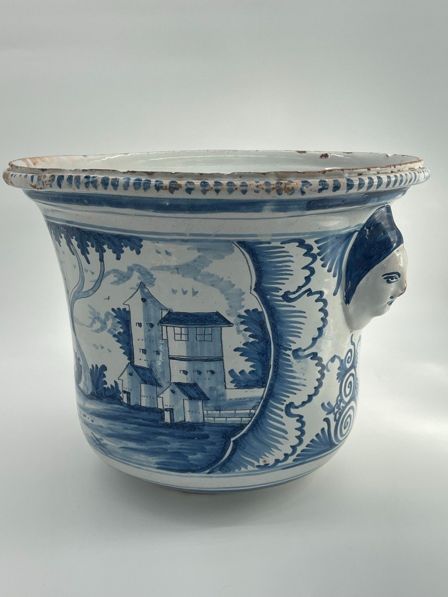 Large Orange Tree Pot In Blue And White Enameled Earthenware Decorated With 18th Century Houses And Landscapes-photo-3