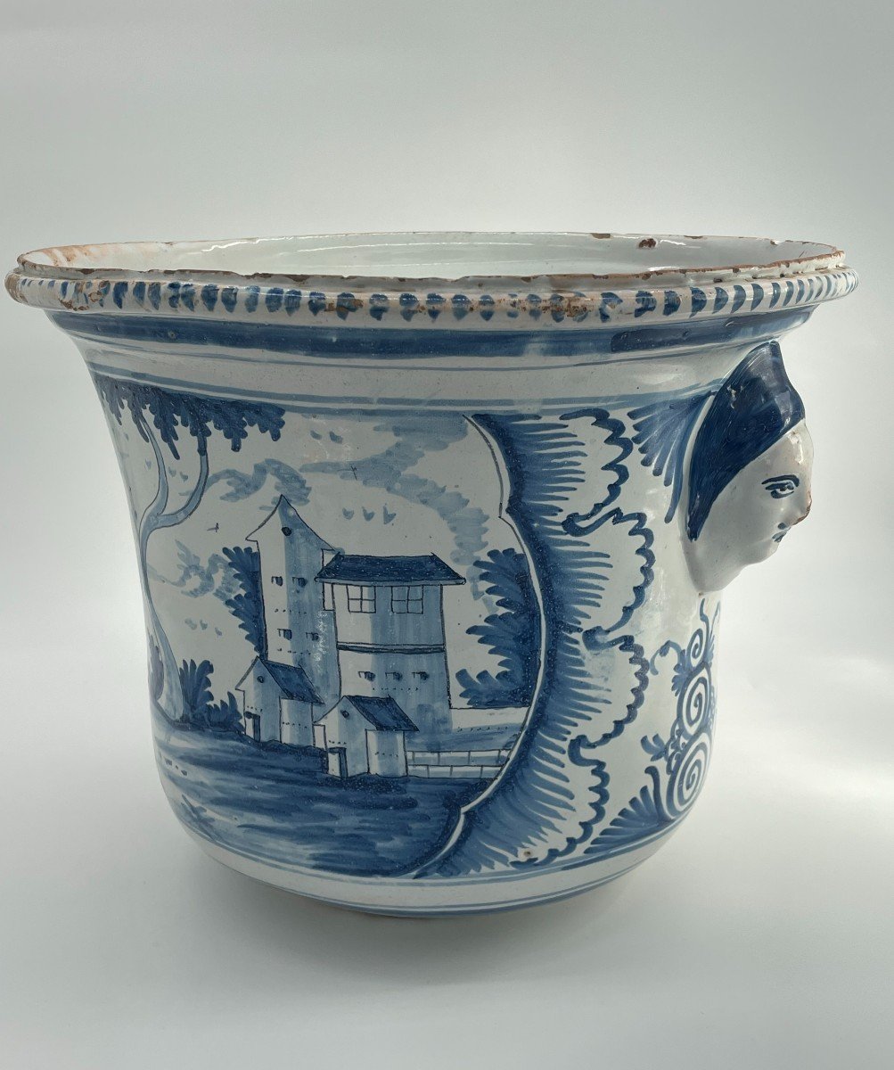 Large Orange Tree Pot In Blue And White Enameled Earthenware Decorated With 18th Century Houses And Landscapes