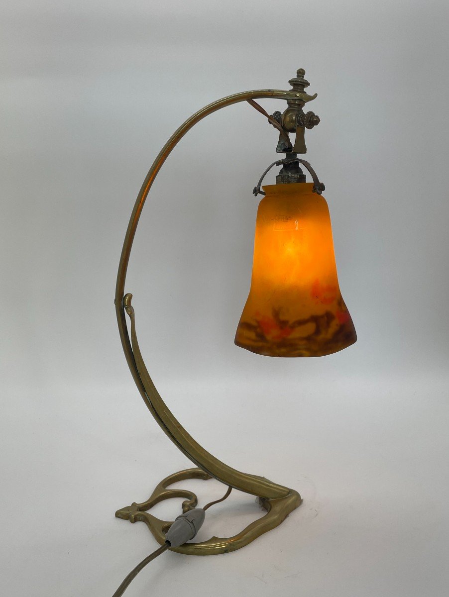 Lampe De Bureau à Poser Art Nouveau En Bronze Et  Pâte De Verre Signé Muller Frères 