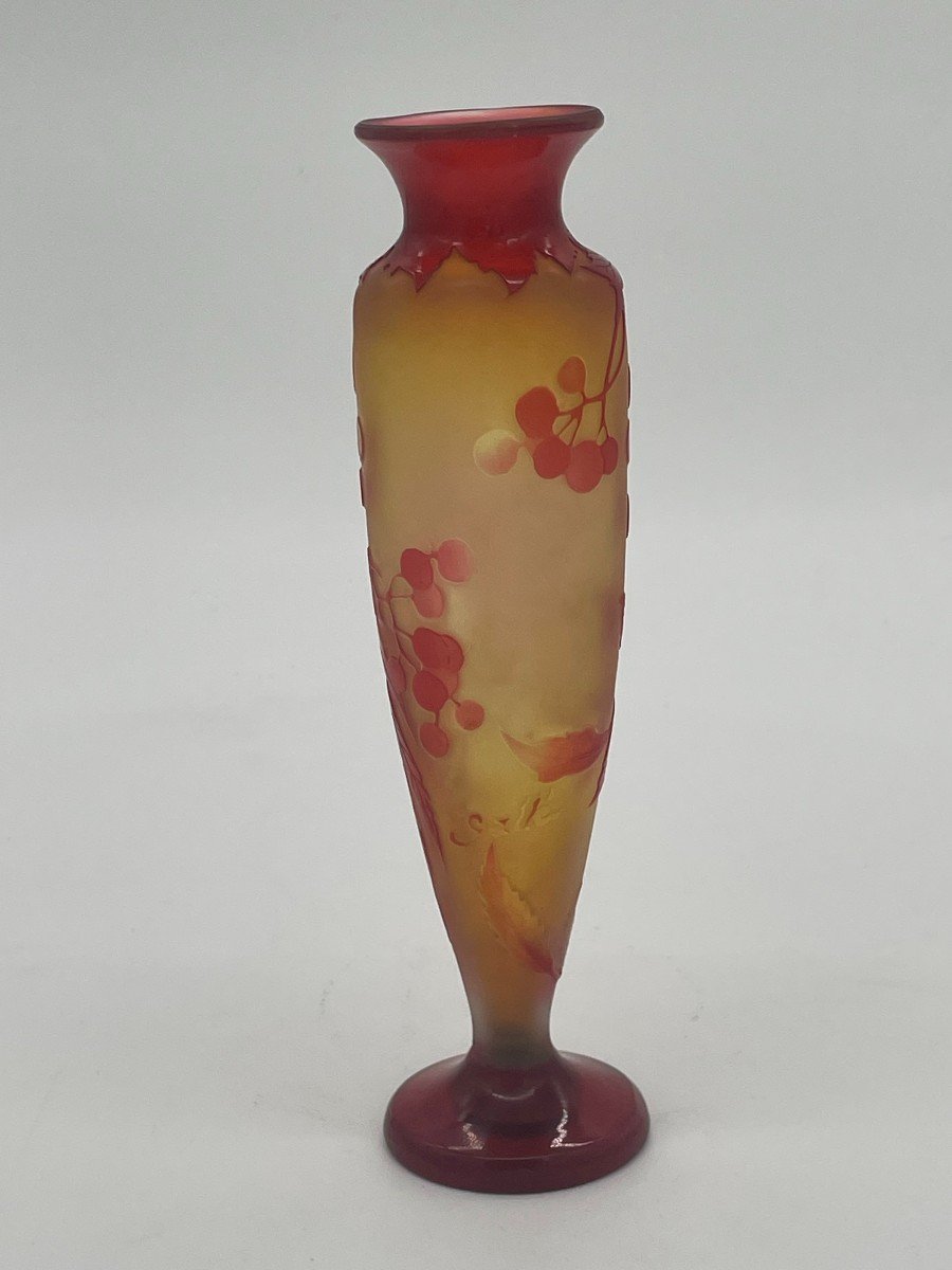 Vase Emile Gallé d'époque Art Nouveau Rouge Et Jaune à Décor Fleural Dégagé à l'Acide -photo-2