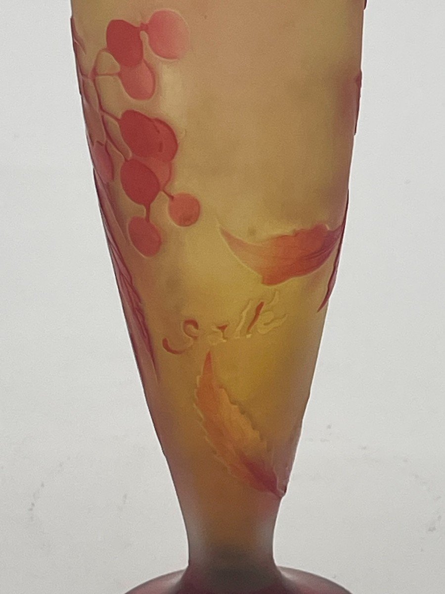 Vase Emile Gallé d'époque Art Nouveau Rouge Et Jaune à Décor Fleural Dégagé à l'Acide -photo-3