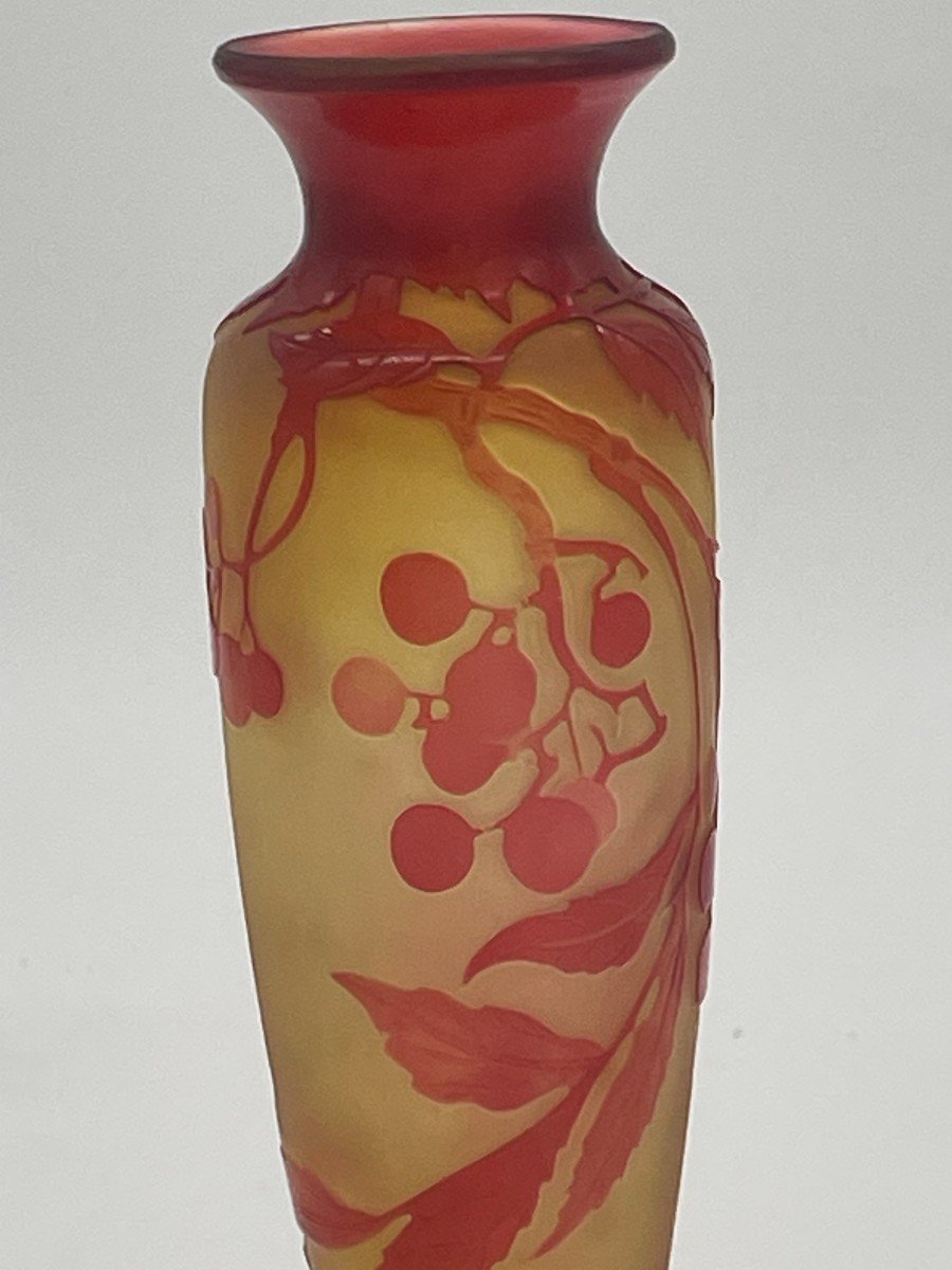 Vase Emile Gallé d'époque Art Nouveau Rouge Et Jaune à Décor Fleural Dégagé à l'Acide -photo-4