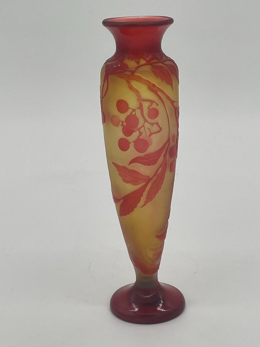 Vase Emile Gallé d'époque Art Nouveau Rouge Et Jaune à Décor Fleural Dégagé à l'Acide -photo-1
