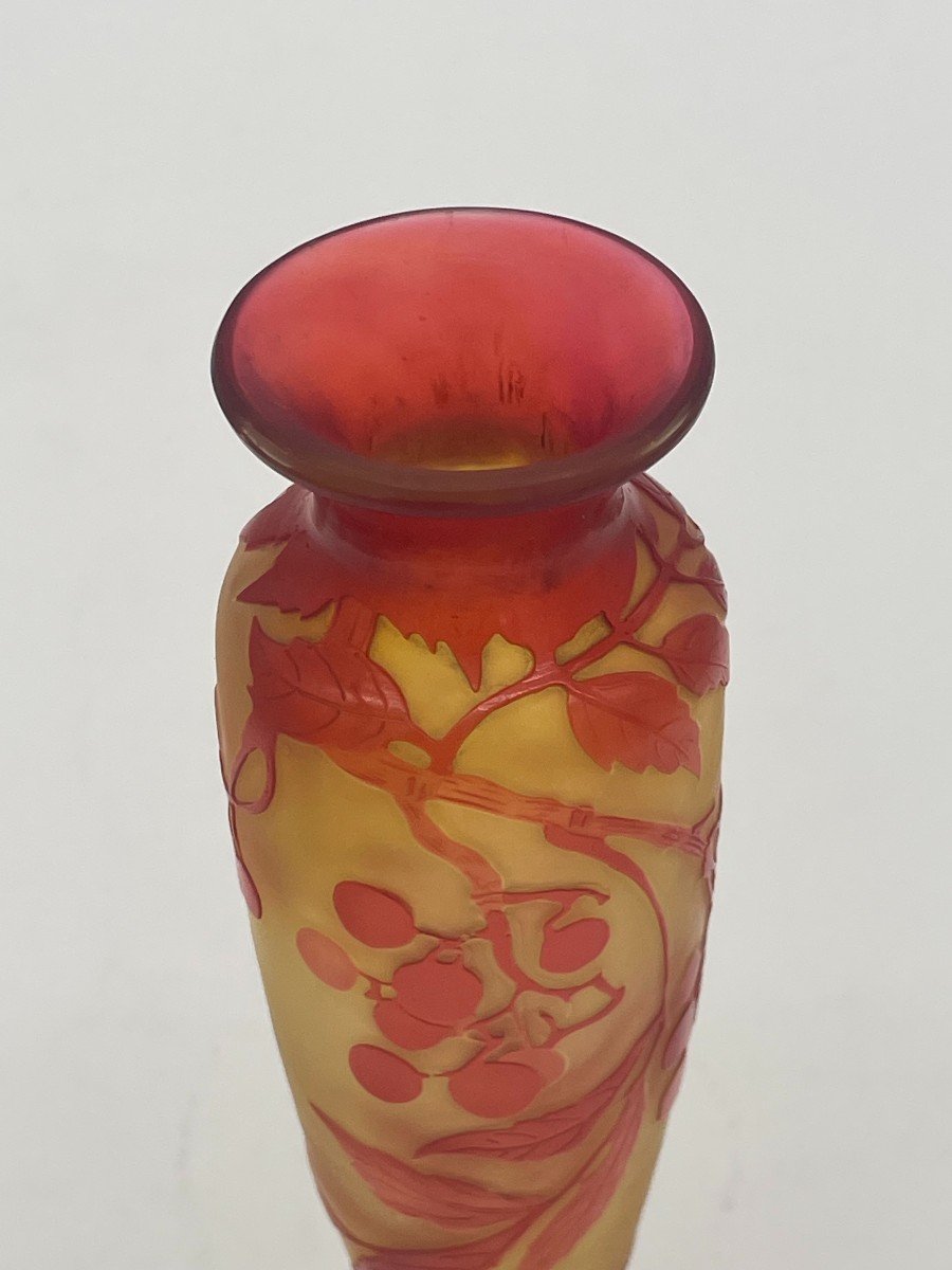 Vase Emile Gallé d'époque Art Nouveau Rouge Et Jaune à Décor Fleural Dégagé à l'Acide -photo-2
