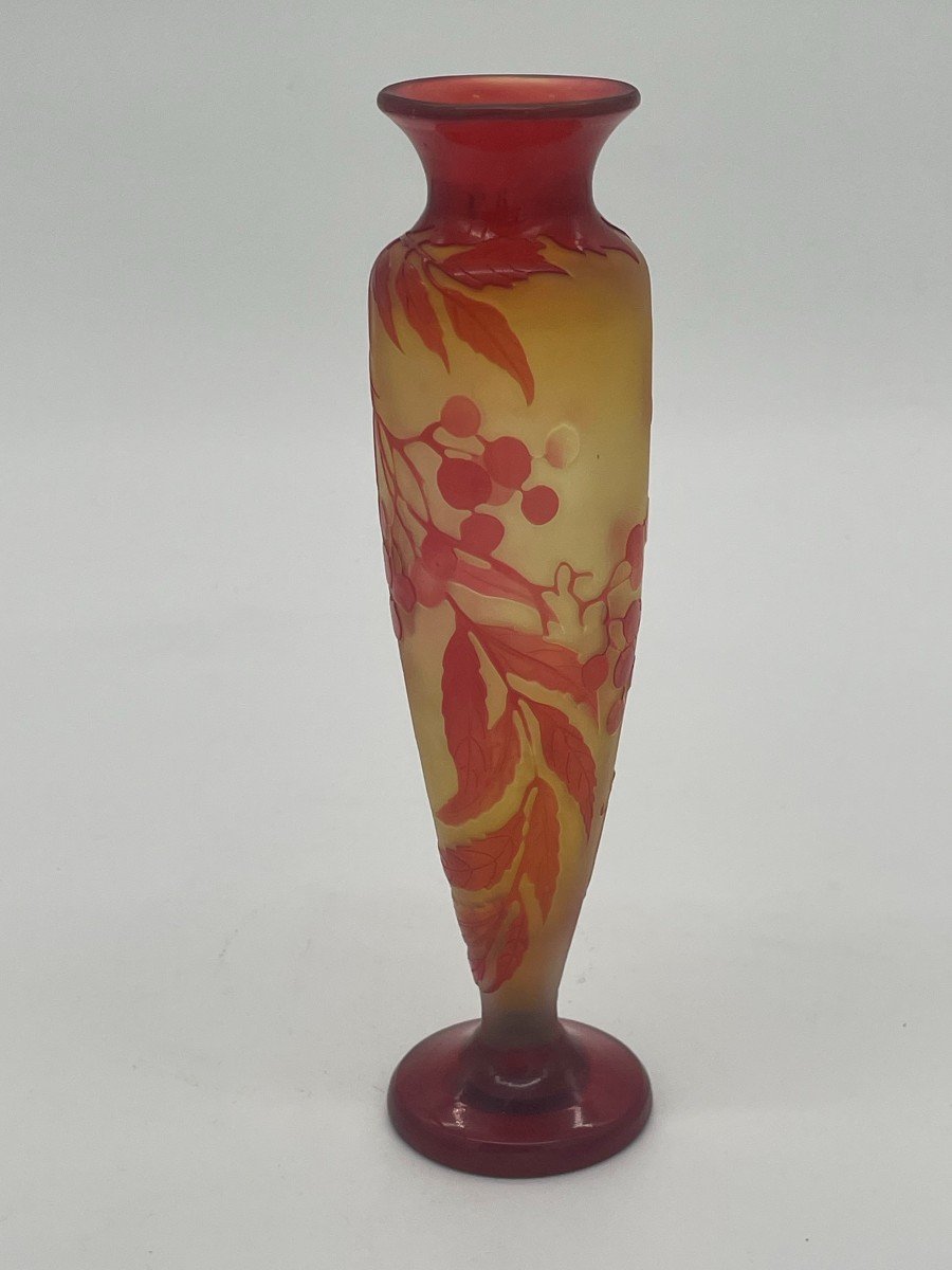 Vase Emile Gallé d'époque Art Nouveau Rouge Et Jaune à Décor Fleural Dégagé à l'Acide -photo-4