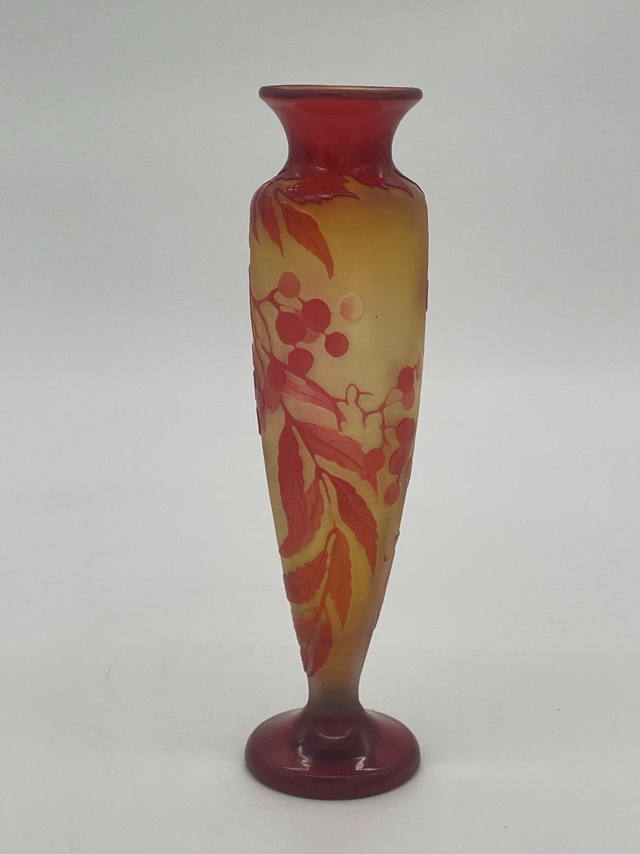 Vase Emile Gallé d'époque Art Nouveau Rouge Et Jaune à Décor Fleural Dégagé à l'Acide -photo-5