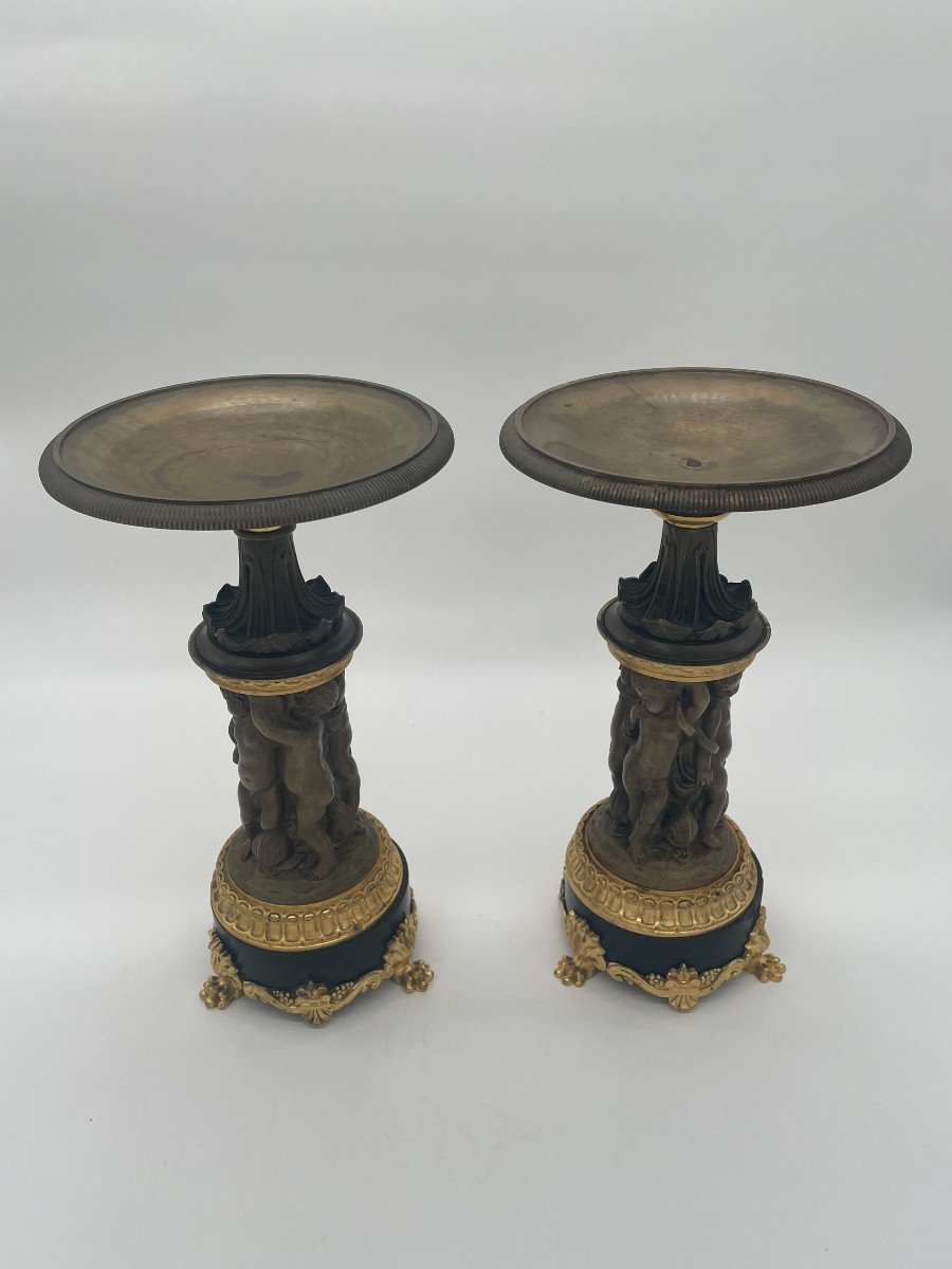  Pair Of Cassolettes In Gilt Bronze And Medal Patina Decorated With Puttis, Napoleonic Period -photo-2