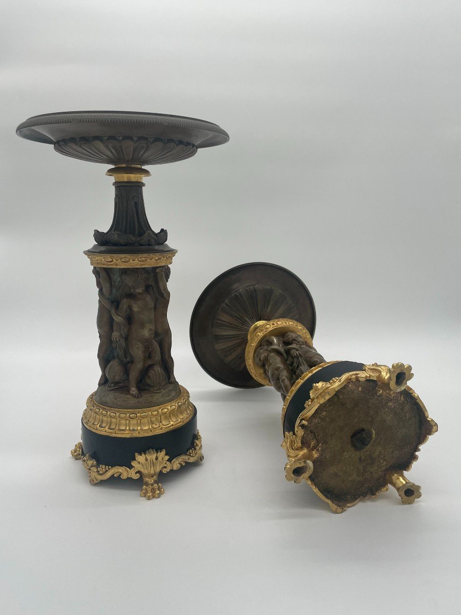  Pair Of Cassolettes In Gilt Bronze And Medal Patina Decorated With Puttis, Napoleonic Period -photo-4