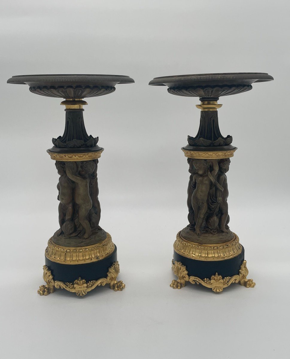  Pair Of Cassolettes In Gilt Bronze And Medal Patina Decorated With Puttis, Napoleonic Period 