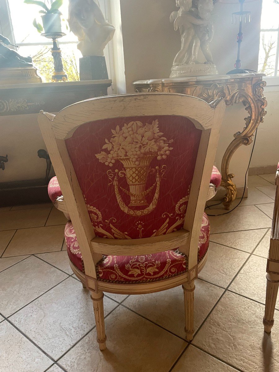 Paire De Fauteuils De Style Louis XVI En Bois Peint De La Fin Du XIXème Siecle-photo-2