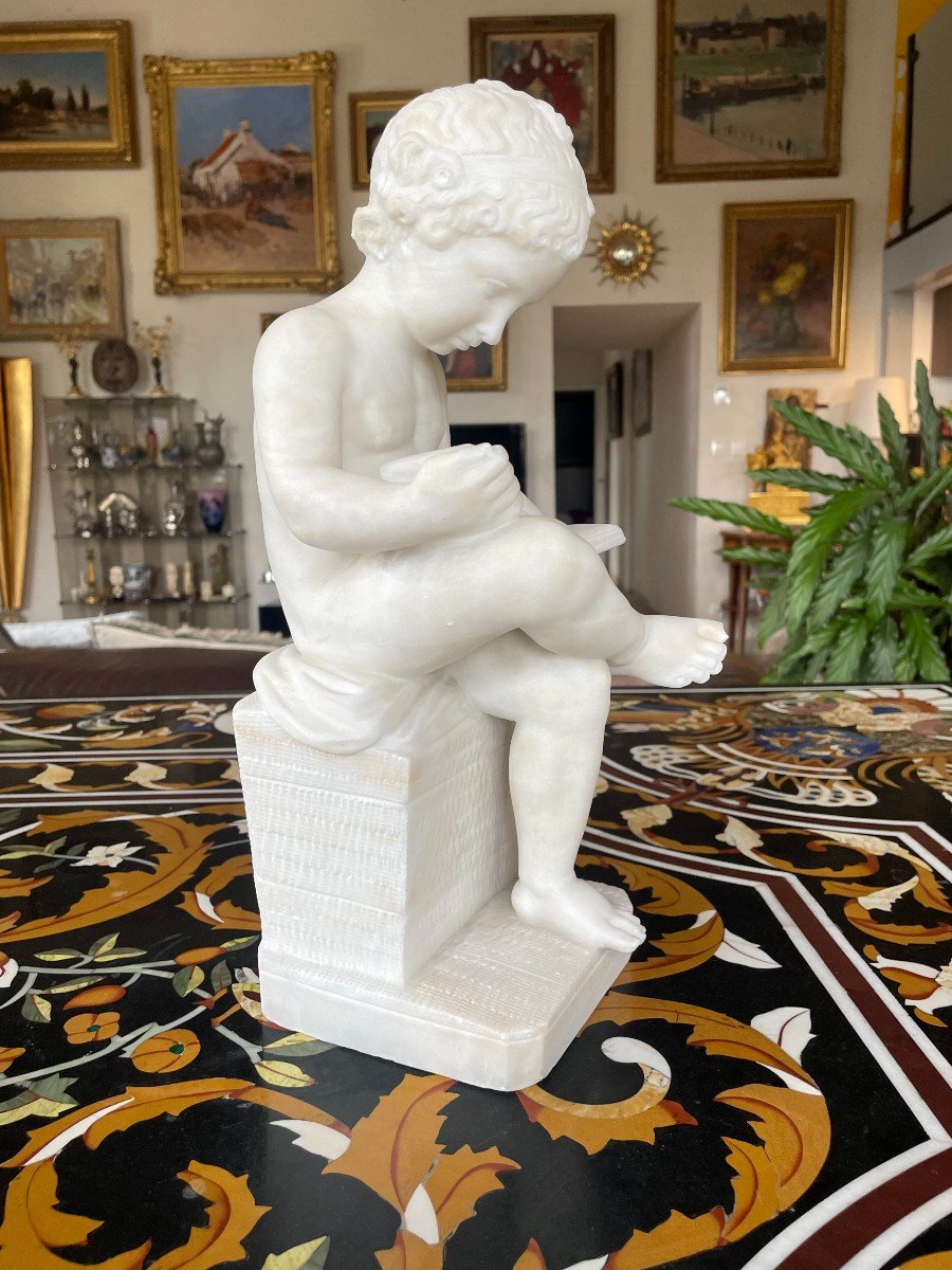 Sculpture Marbre Blanc l'Enfant Scribe d'Après Canova XIXème Siècle-photo-2