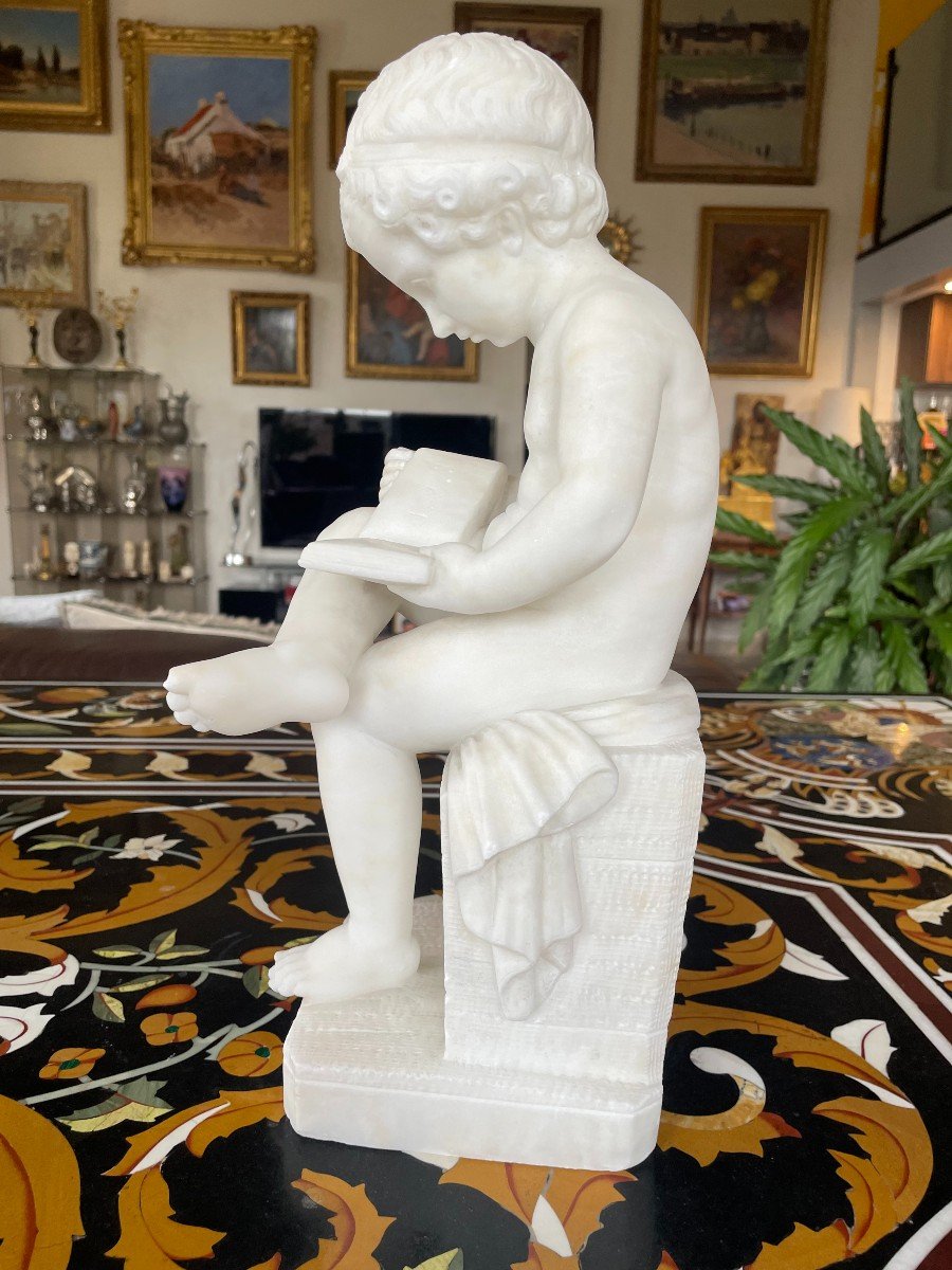White Marble Sculpture The Child Scribe After Canova 19th Century-photo-4