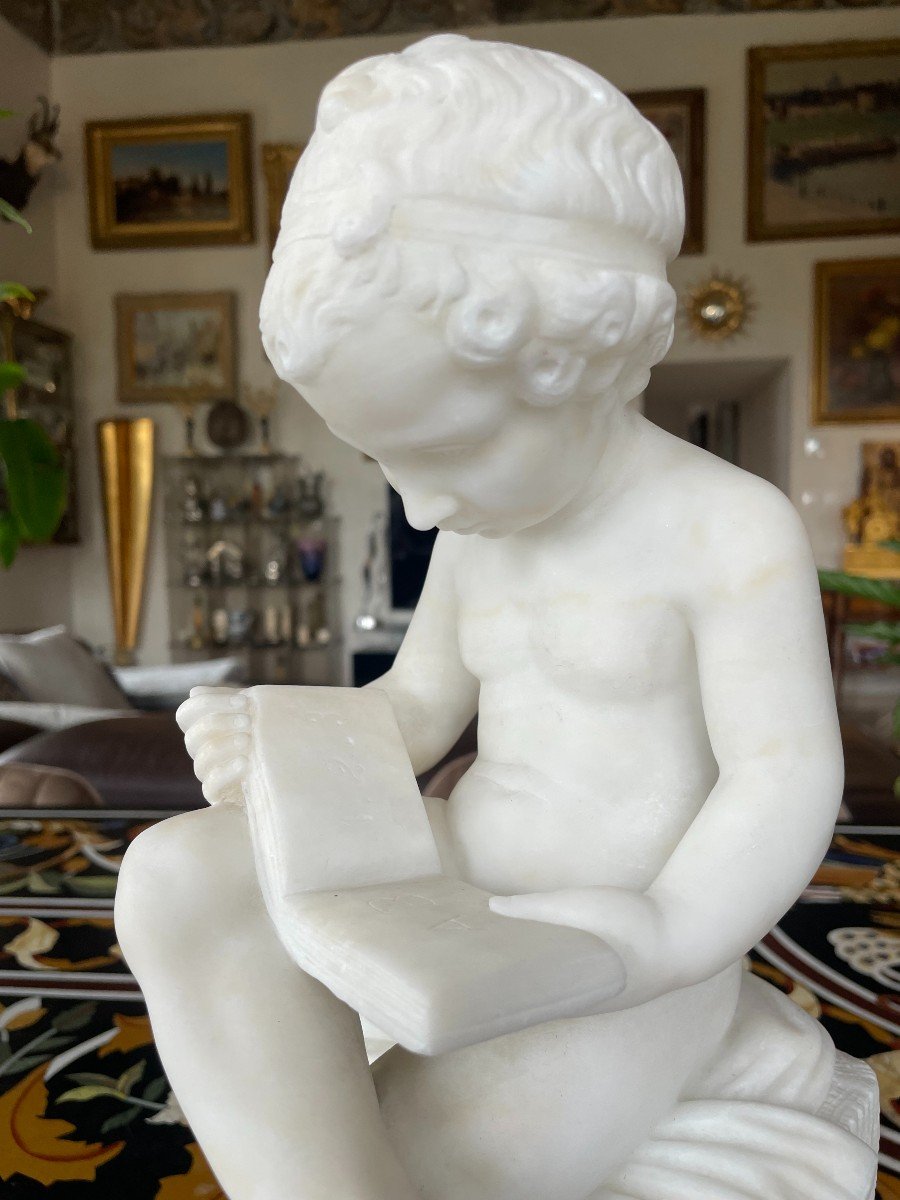 White Marble Sculpture The Child Scribe After Canova 19th Century-photo-1