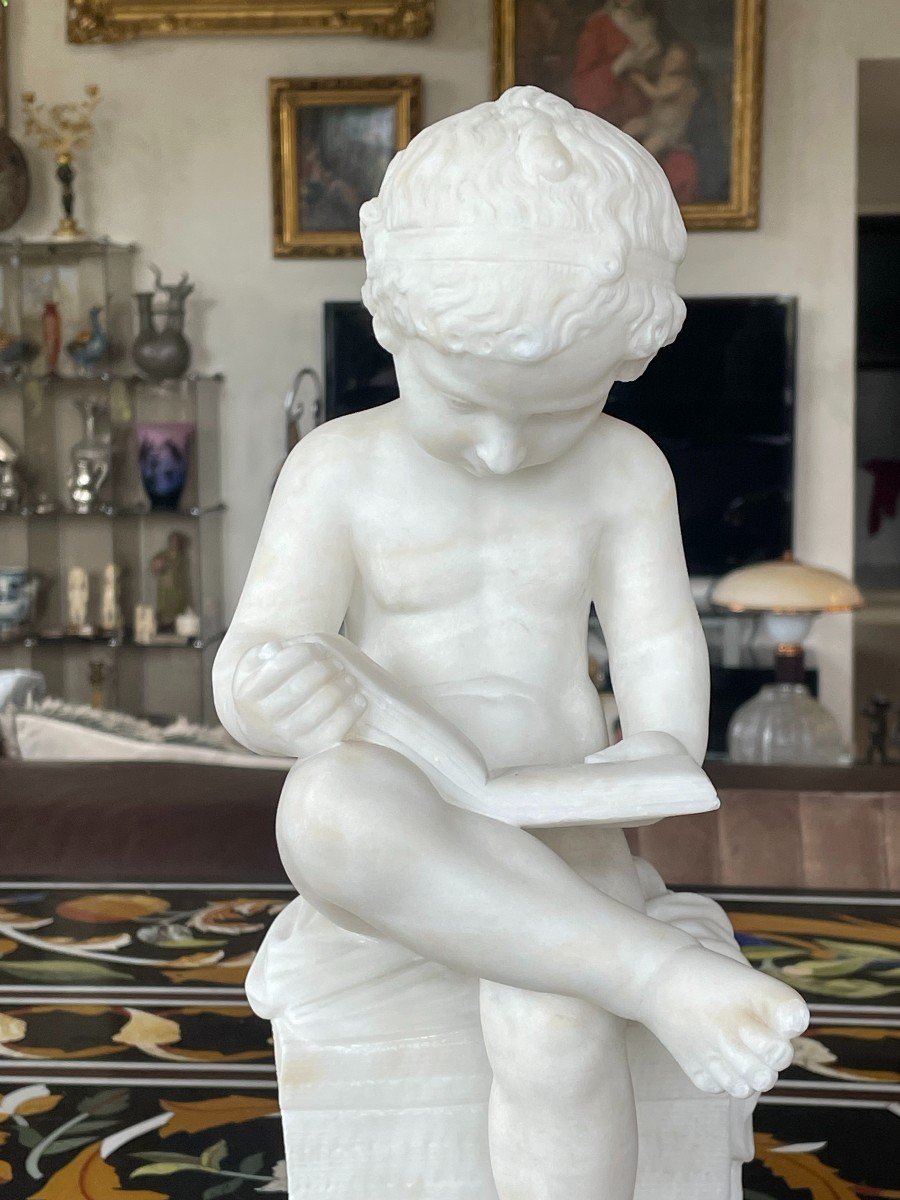 White Marble Sculpture The Child Scribe After Canova 19th Century-photo-3