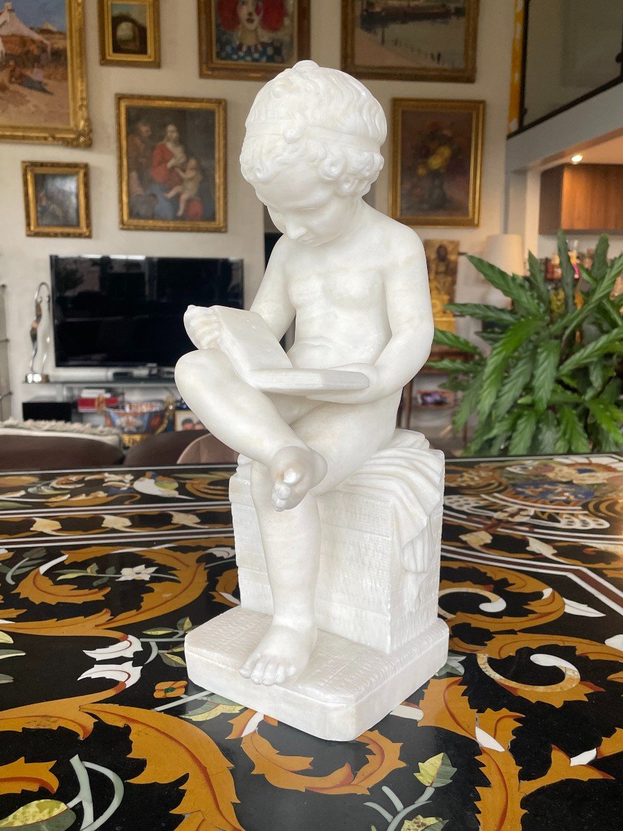 Sculpture Marbre Blanc l'Enfant Scribe d'Après Canova XIXème Siècle-photo-4