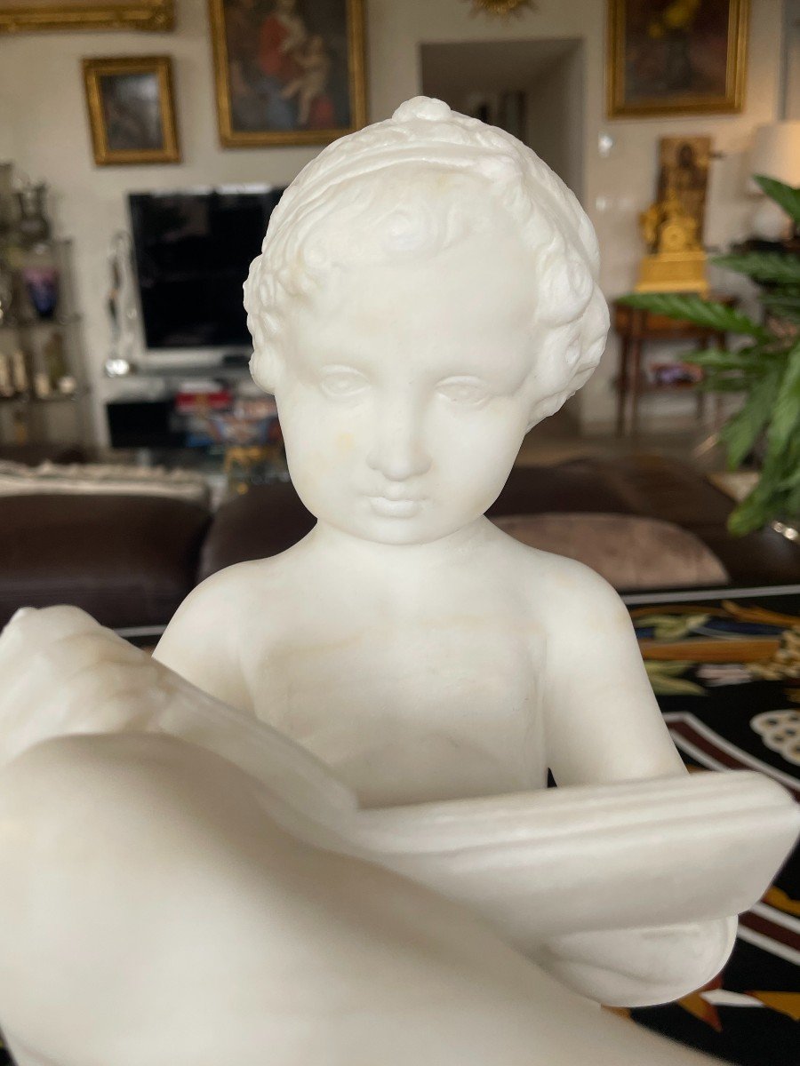 Sculpture Marbre Blanc l'Enfant Scribe d'Après Canova XIXème Siècle-photo-5