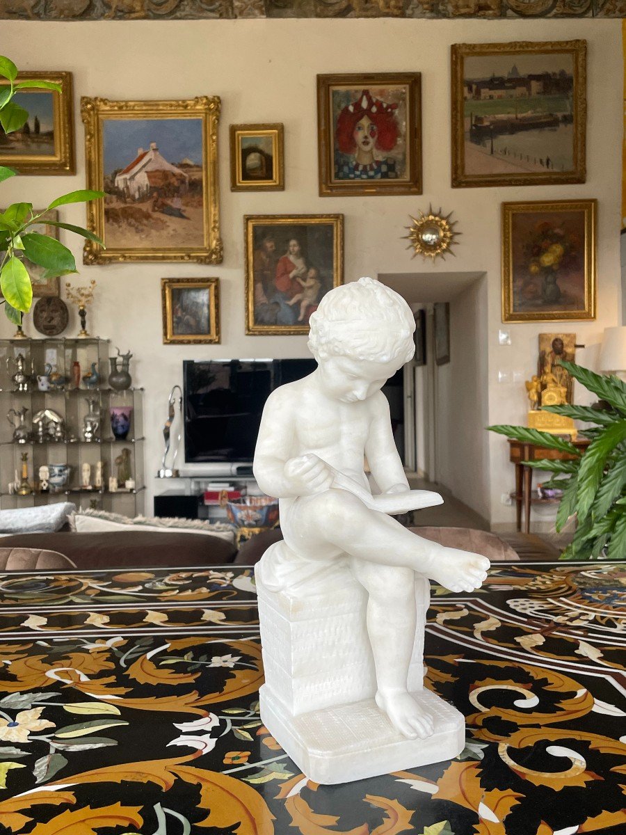 White Marble Sculpture The Child Scribe After Canova 19th Century-photo-6
