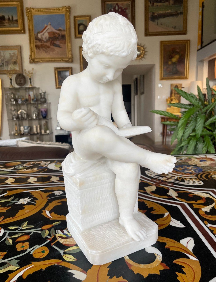 White Marble Sculpture The Child Scribe After Canova 19th Century