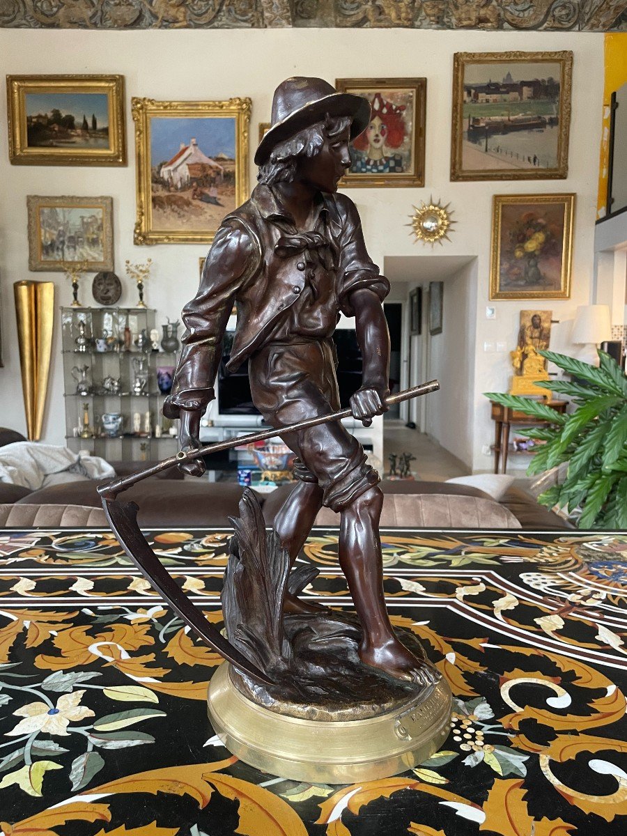 Eugène Antoine Aizelin (1821-1902): "the Reaper", Bronze Signed On The 19th Century Terrace-photo-2
