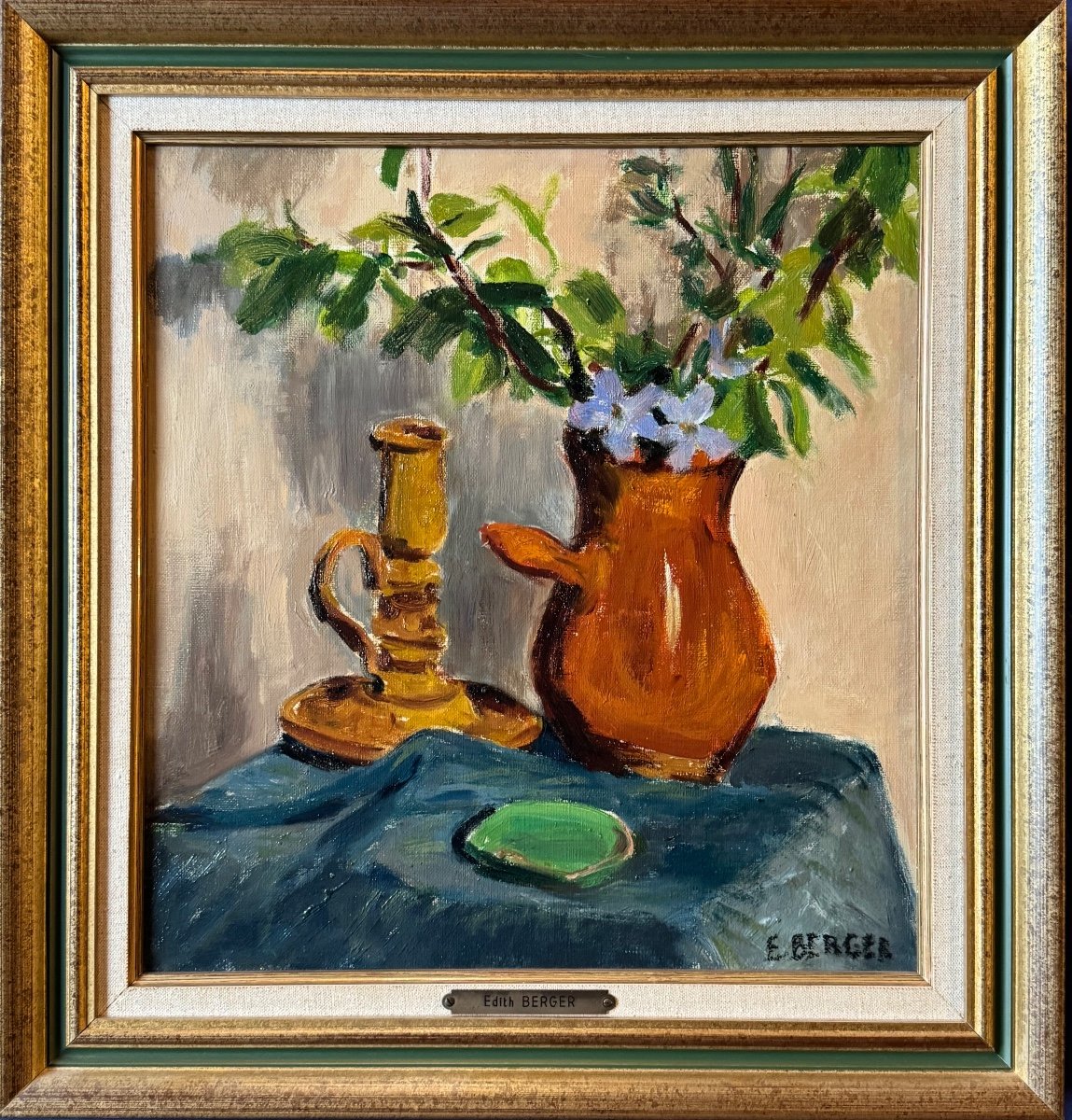 Painting By Edith Berger (1900-1994) Bouquet Of Flowers With Pottery