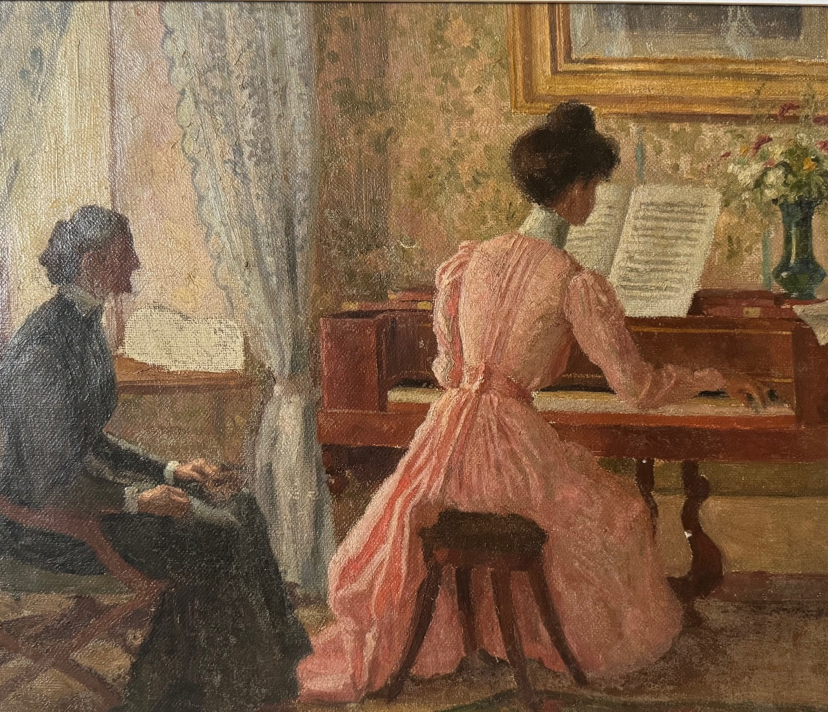 19th Century French School "the Piano Lesson" Oil On Canvas -photo-1