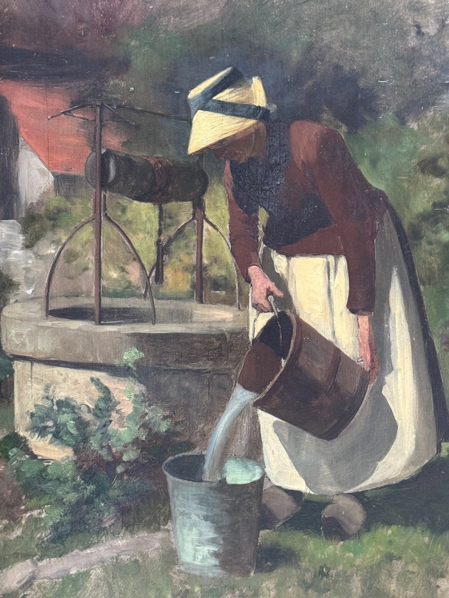 Ernest Hareux (1847-1909) — “woman At The Well” — Oil On Panel -photo-3