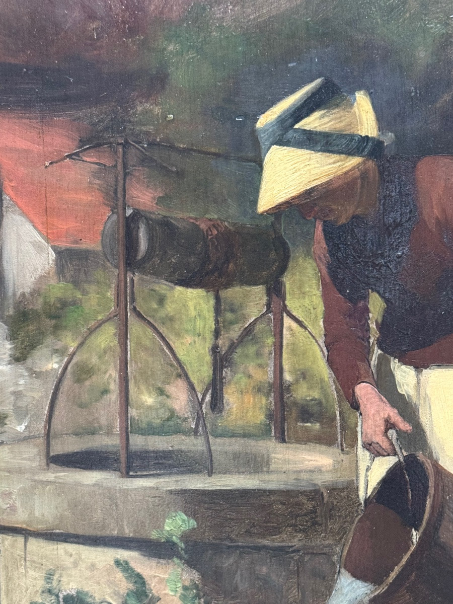 Ernest Hareux (1847-1909) — “woman At The Well” — Oil On Panel -photo-2