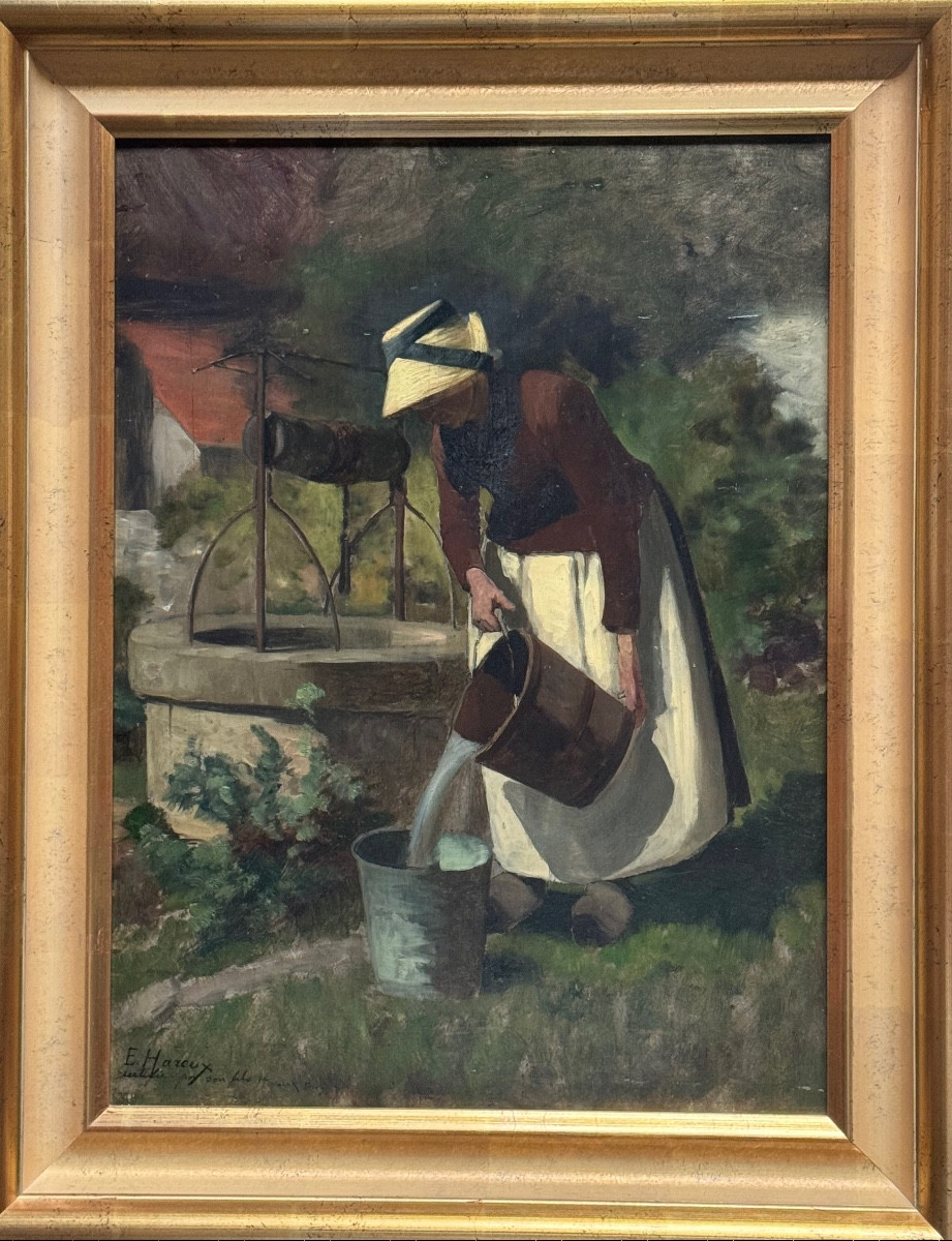 Ernest Hareux (1847-1909) — “woman At The Well” — Oil On Panel -photo-3