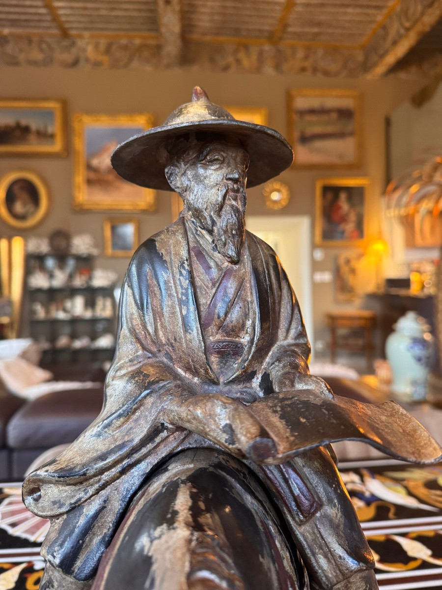 Grand bronze japonais – Le moine Toba monté sur son cheval – Milieu du XXe siècle  -photo-1