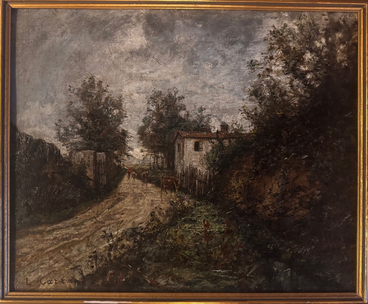 Louis Carrand (1822–1874) Paysage animé au bord du chemin  Huile sur toile marouflée sur carton-photo-2