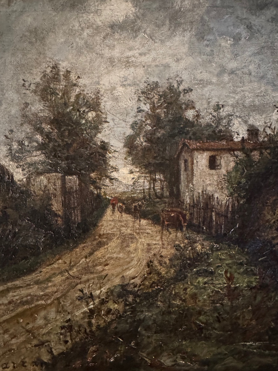 Louis Carrand (1822–1874) Paysage animé au bord du chemin  Huile sur toile marouflée sur carton-photo-3
