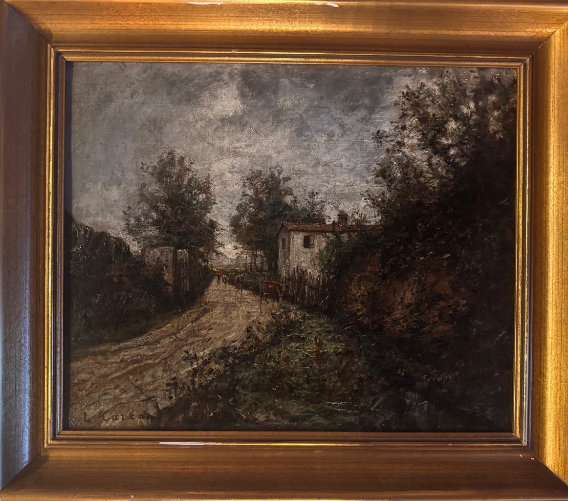 Louis Carrand (1822–1874) Paysage animé au bord du chemin  Huile sur toile marouflée sur carton