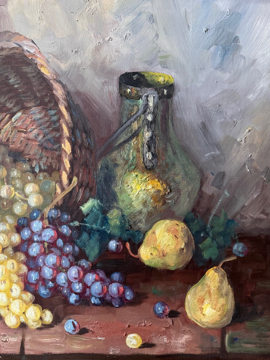 Nature morte aux raisins et poires  École catalane du XXᵉ siècle  Huile sur toile -photo-4