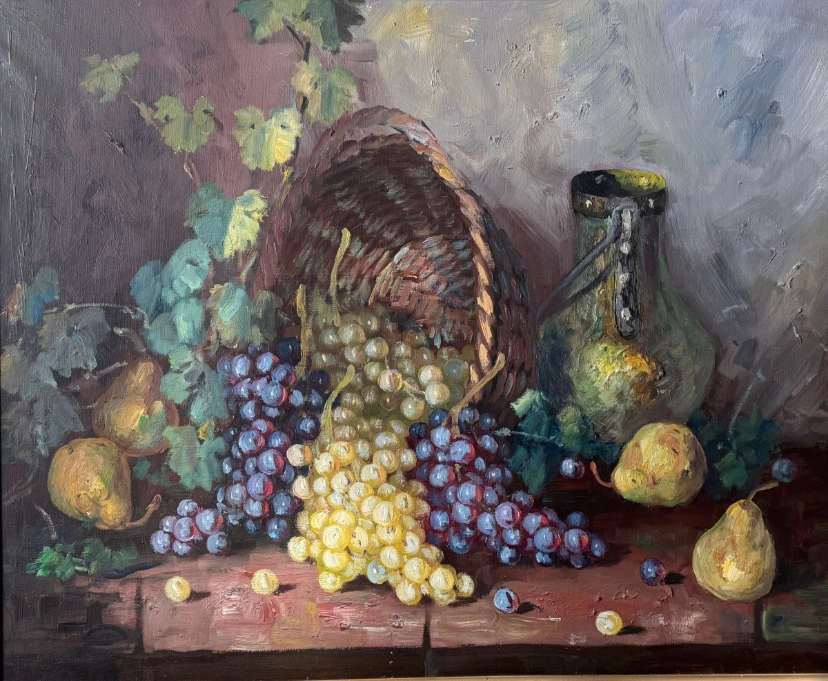Nature morte aux raisins et poires  École catalane du XXᵉ siècle  Huile sur toile -photo-1