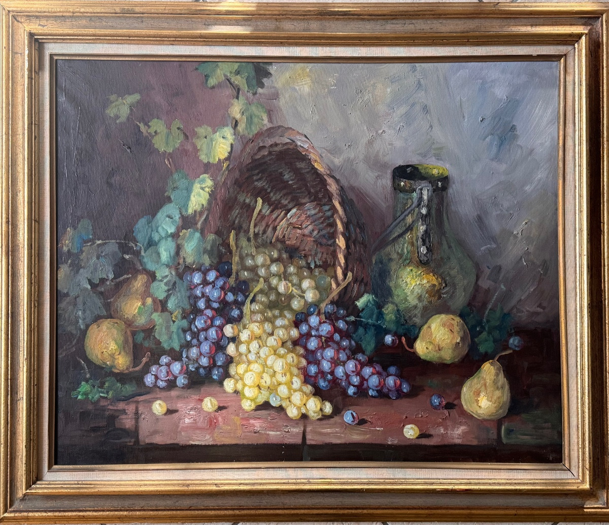 Nature morte aux raisins et poires  École catalane du XXᵉ siècle  Huile sur toile 