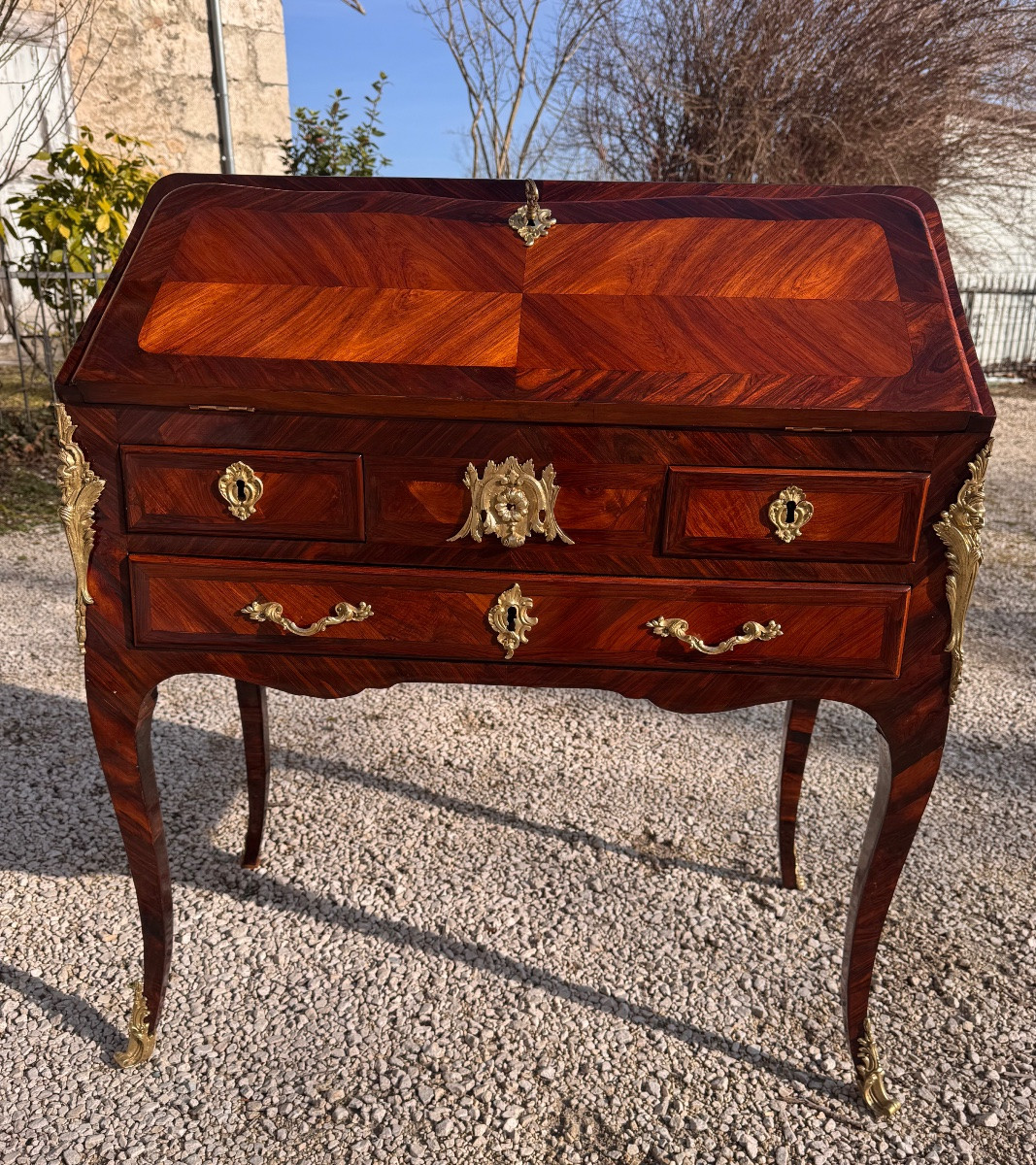 A Louis XV Period Slant-front Desk In Rosewood And Gilt Bronze  -photo-2