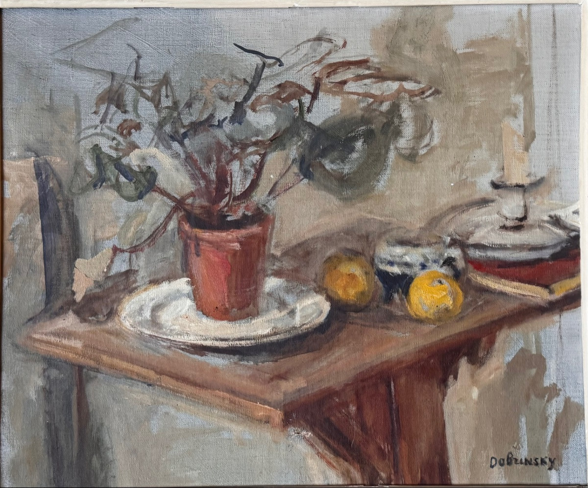 Isaac Dobranski (1891–1973) Nature morte au pot de fleurs, fruits et bougeoir Huile sur toile,.-photo-2