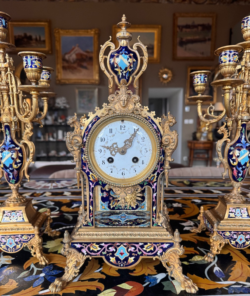 Garniture de cheminée Napoléon III en bronze doré et émaux cloisonnés – XIXe siècle  -photo-2