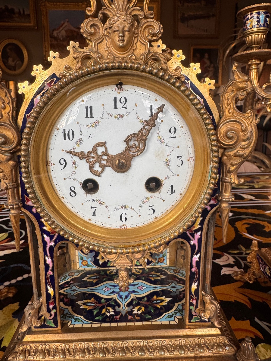 Garniture de cheminée Napoléon III en bronze doré et émaux cloisonnés – XIXe siècle  -photo-1