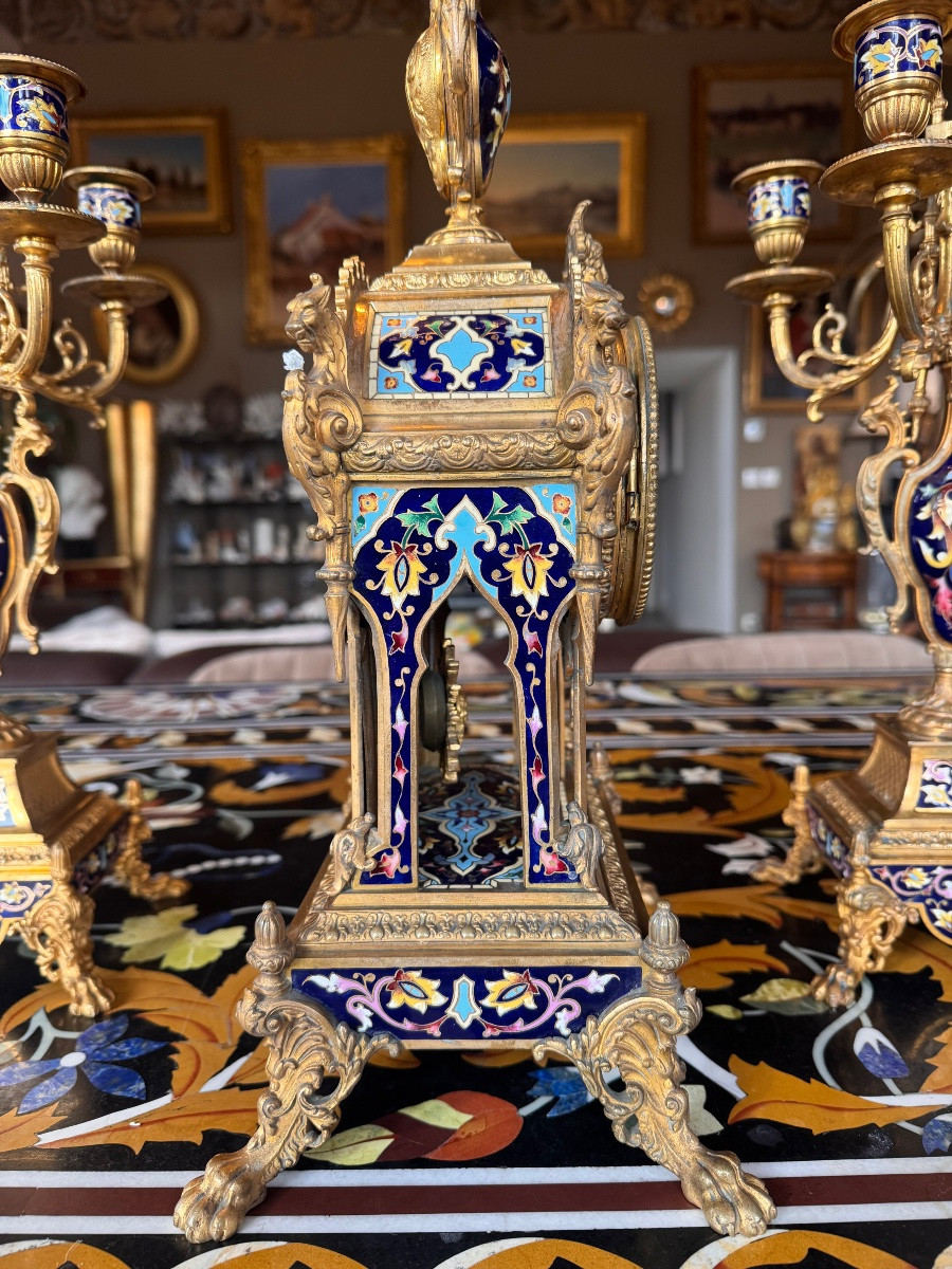 Garniture de cheminée Napoléon III en bronze doré et émaux cloisonnés – XIXe siècle  -photo-4