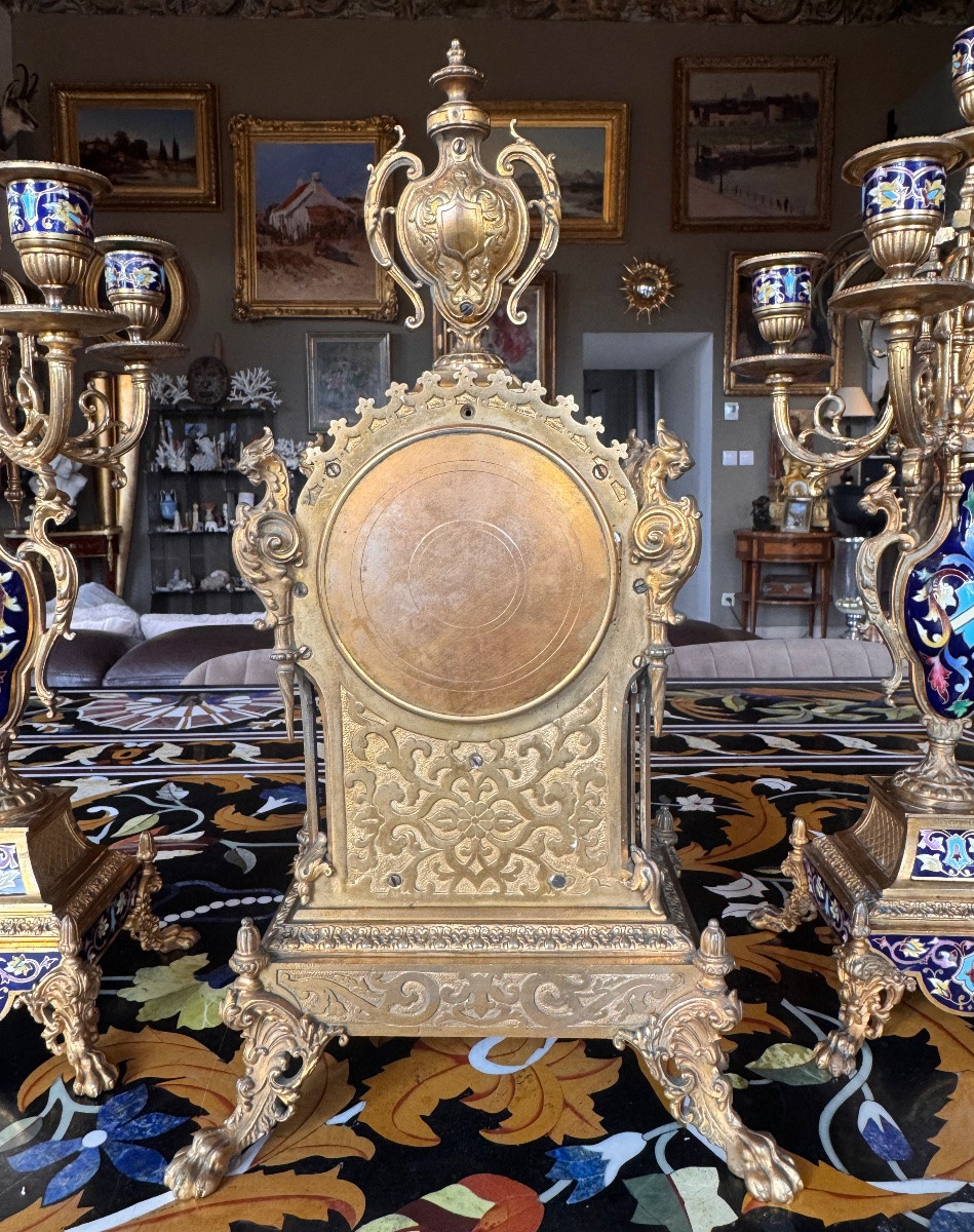 Garniture de cheminée Napoléon III en bronze doré et émaux cloisonnés – XIXe siècle  -photo-5