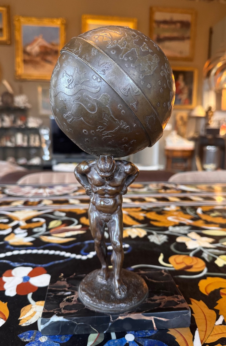 Atlas Bearing The World, Bronze With Patinated Medal, France, 19th Century  