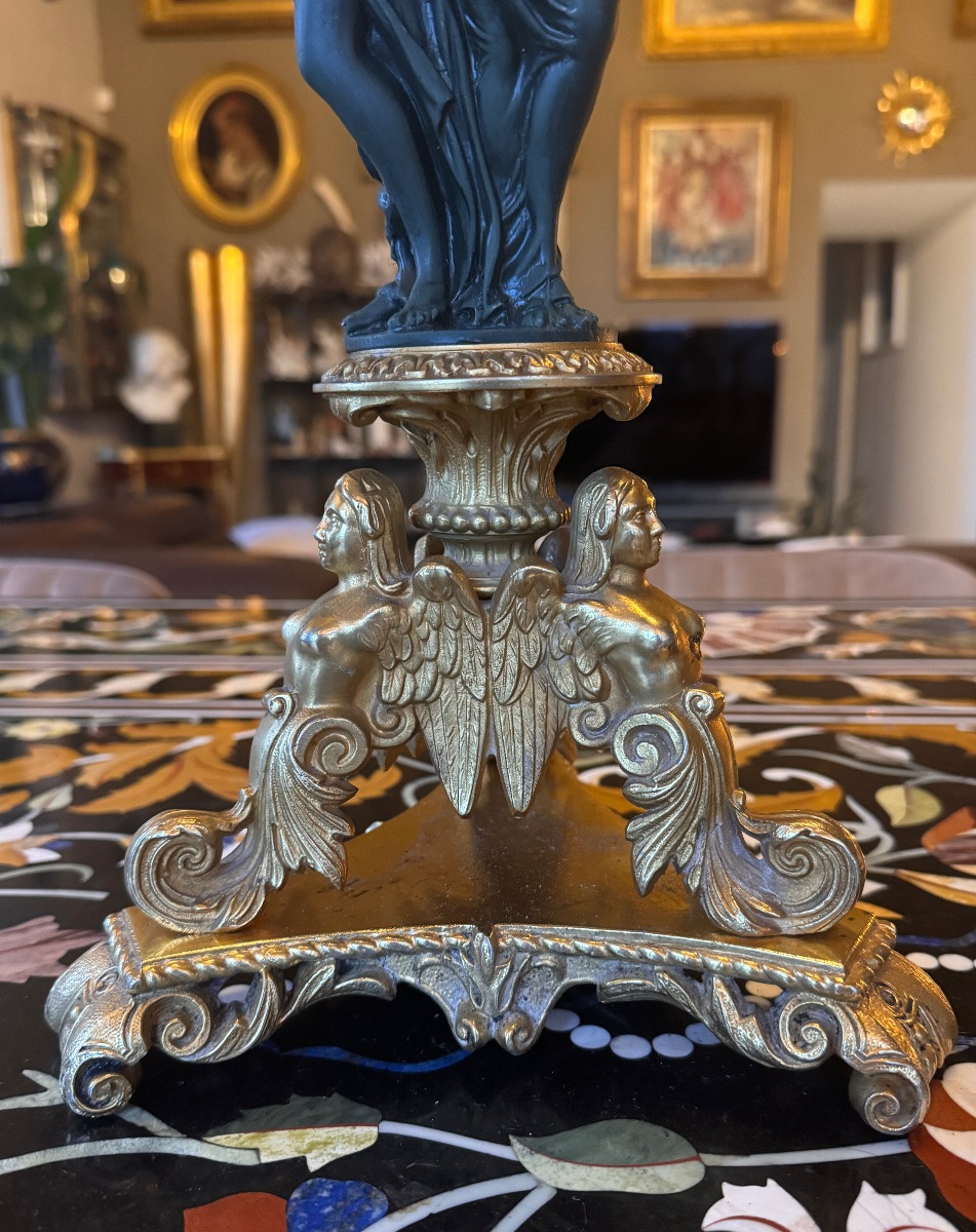 Paire de grands candélabres aux Trois Grâces  Bronze doré et alliage patiné – Époque Napoléon -photo-2