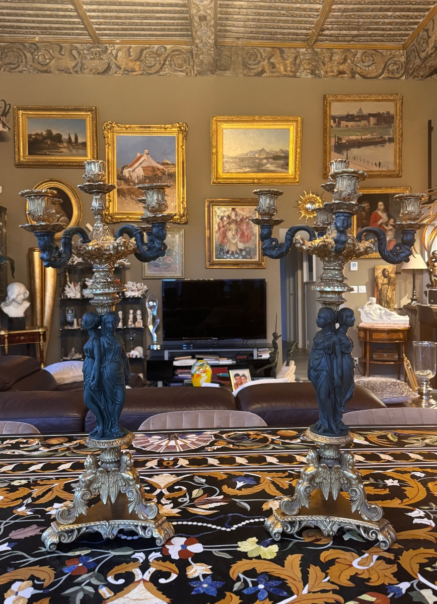 Paire de grands candélabres aux Trois Grâces  Bronze doré et alliage patiné – Époque Napoléon -photo-4