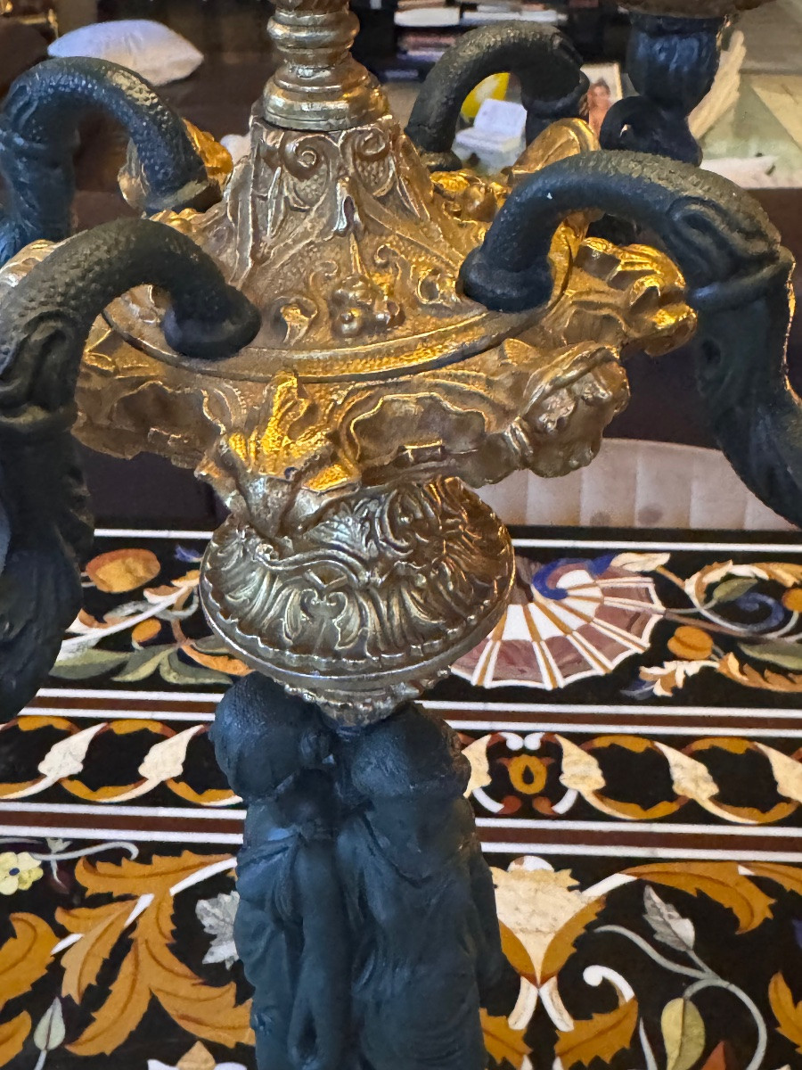 Paire de grands candélabres aux Trois Grâces  Bronze doré et alliage patiné – Époque Napoléon -photo-2