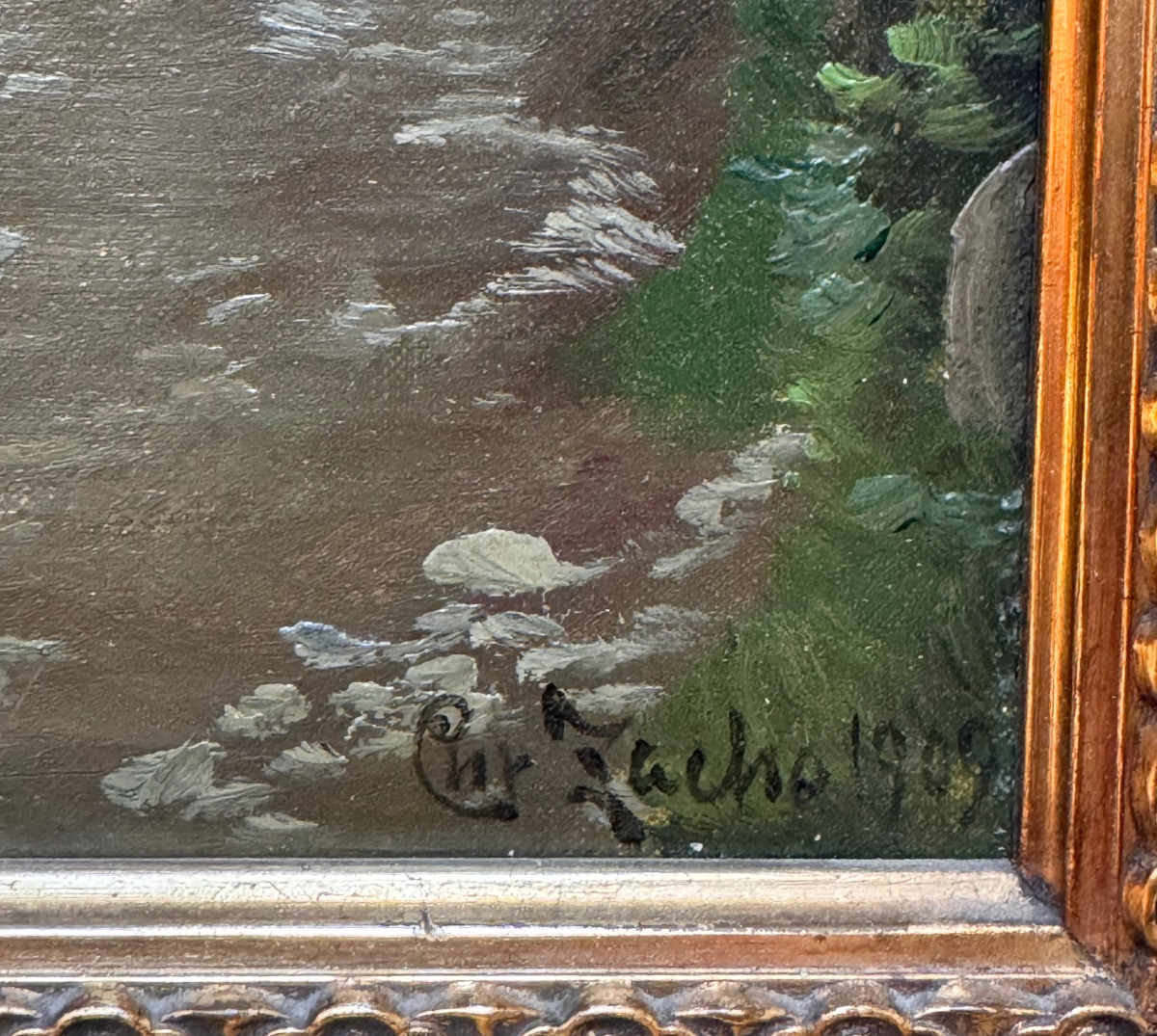 Peter Mørch Christian Zacho (1843-1913) River Landscape In Undergrowth By A Roadside-photo-1