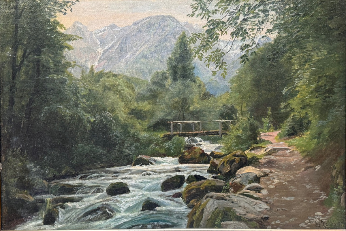 Peter Mørch Christian Zacho (1843-1913) River Landscape In Undergrowth By A Roadside-photo-2