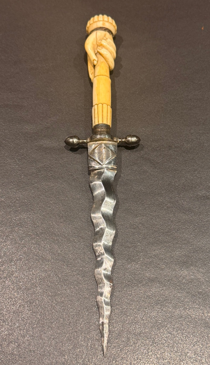 19th-century Freemason Dagger With A Flaming Blade – Carved Bone Handle  