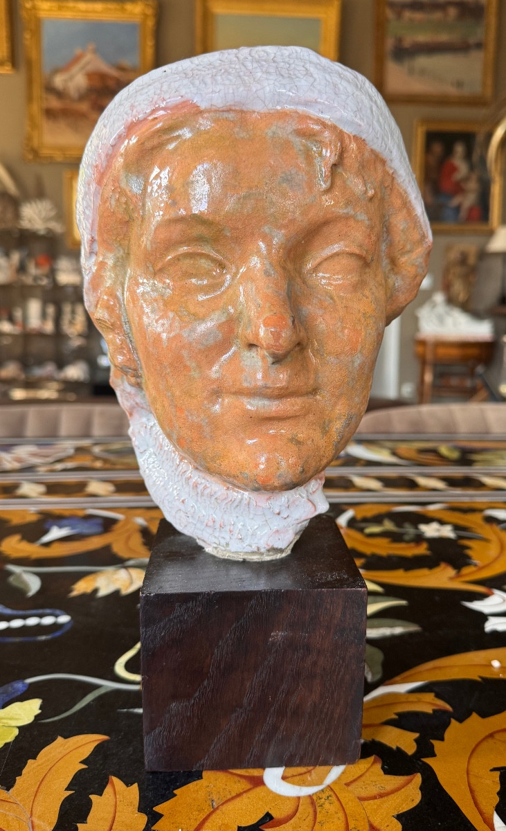 Marc Leriche (1885–1918) Head Of A Woman — Glazed Terracotta Sculpture — Early 20th Century  